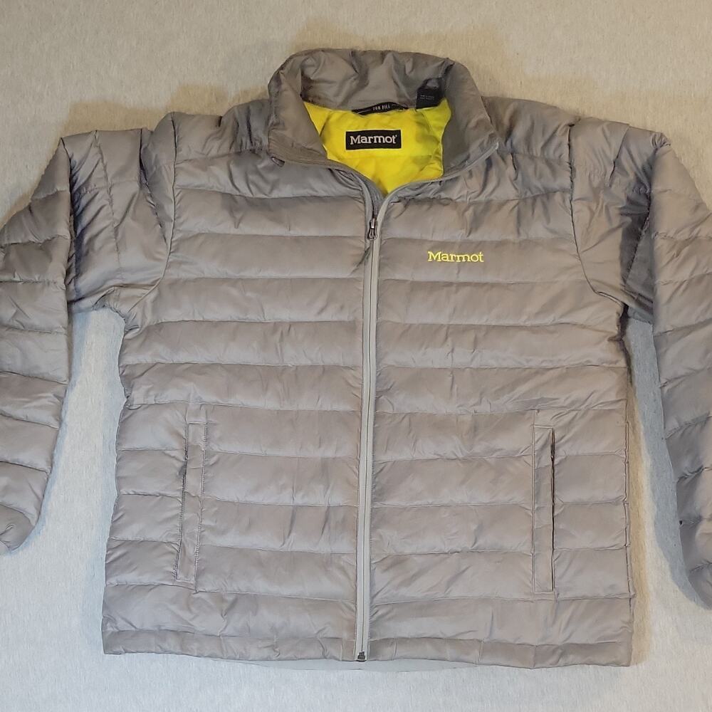 Marmot Men's 700 Fill Down Puffer Jacket Full Zip Gray/Yellow Size L